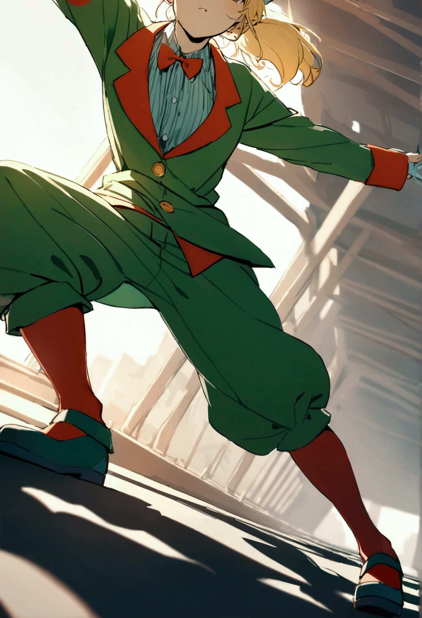 1 girl, ponytail, blond hair, red green clown costume