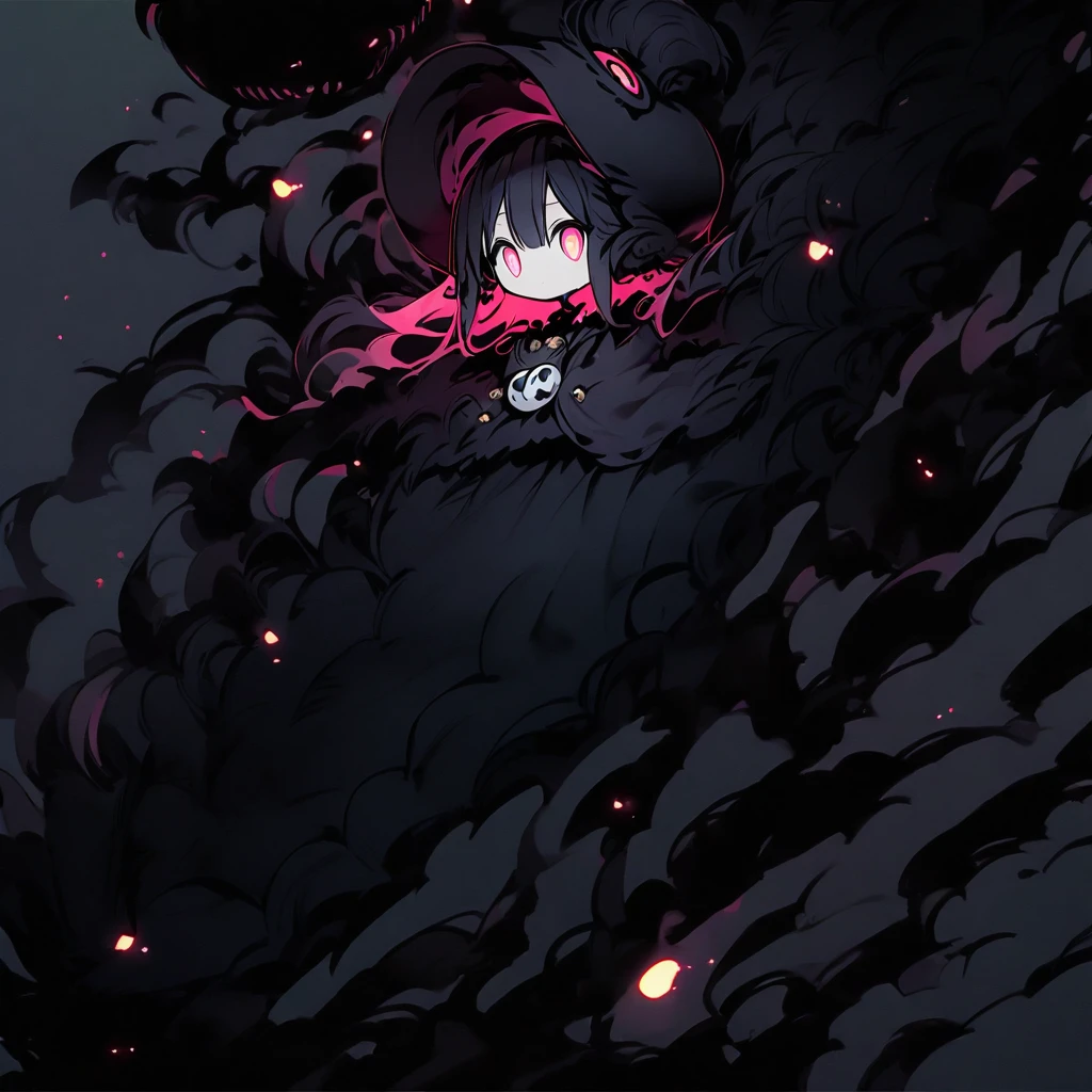 (well done: 1) small creature made completely of darkness, black hair, long straight hair, black sheep ears, black sheep tail, large hat, large white eyes, black poncho with hood, white dress stripped underneath, black boots .