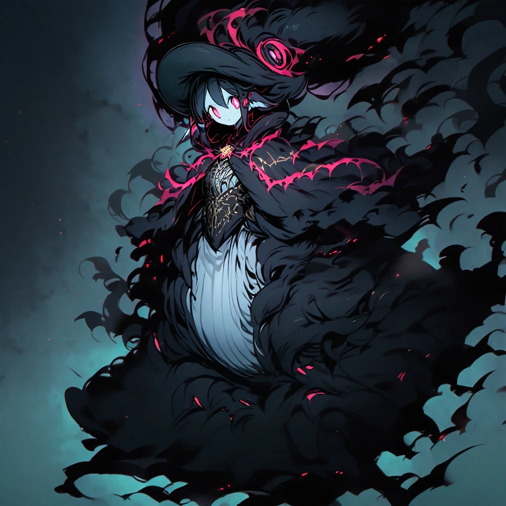(well done: 1) small creature made completely of darkness, black hair, long straight hair, black sheep ears, black sheep tail, large hat, large white eyes, black poncho with hood, white dress stripped underneath, black boots .