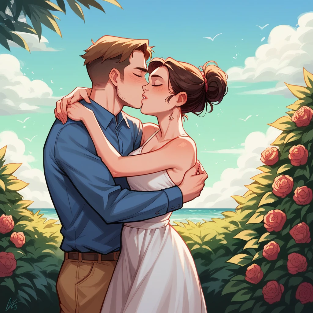 Realistic 5D caricature oil painting (big head).   a 20 year old Indonesian woman wearing a white dress, mini skirt, updo hairstyle, (the girl bites her lower lip while closing her eyes) is breastfeeding a man who is on her lap, hugging him intimately, a warm romantic hug, in a greenhouse, outside you can see the beach  , evening.