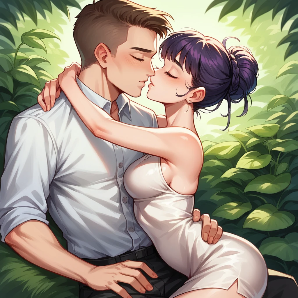 Realistic 5D caricature oil painting (big head).   a 20 year old Indonesian woman wearing a white dress, mini skirt, updo hairstyle, (the girl bites her lower lip while closing her eyes) is breastfeeding a man who is on her lap, hugging him intimately, a warm romantic hug, in a greenhouse, outside you can see the beach  , evening.