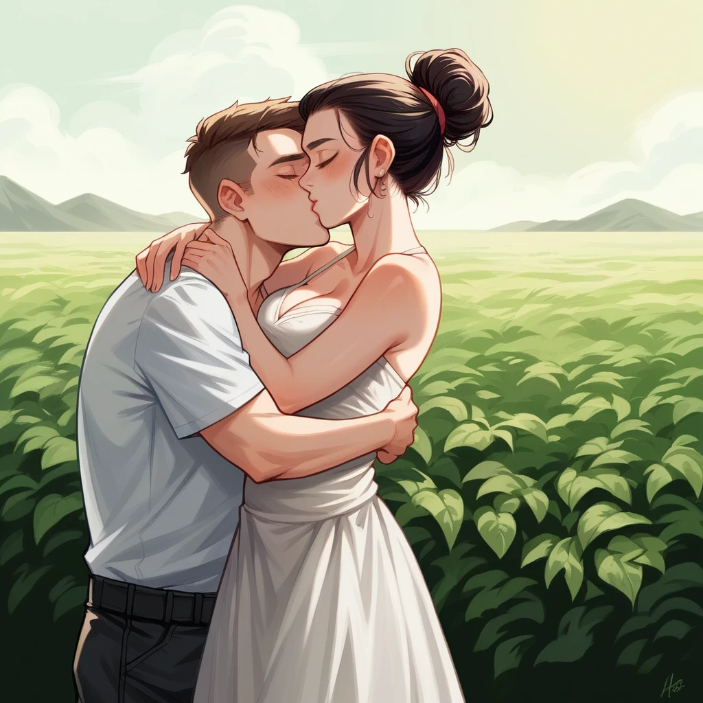 Realistic 5D caricature oil painting (big head). a 20 year old Indonesian woman wearing a white dress, mini skirt, updo hairstyle, (the girl bites her lower lip while closing her eyes) is breastfeeding a man who is on her lap, hugging him intimately, a warm romantic hug, in a greenhouse, outside you can see the beach , evening.