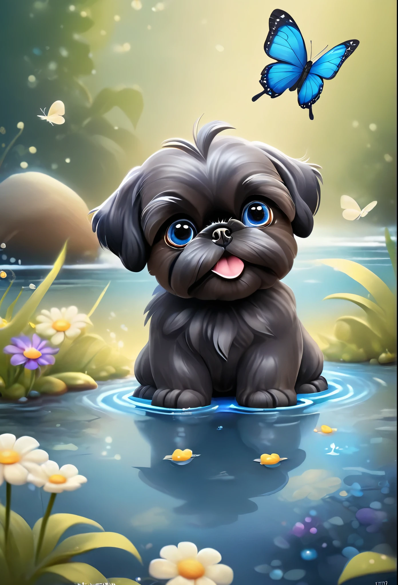 a 2 adorable very small very black Shih Tzu puppies with big bright blue eyes,extremely detailed eyes and face,longeyelashes,wearing blue collars and sunglasses,playing in creek,butterflies and flowers in background,3D Pixar style,photorealistic,masterpiece,vibrant colors,studio lighting,ultra-detailed,sharp focus,physically-based rendering,professional