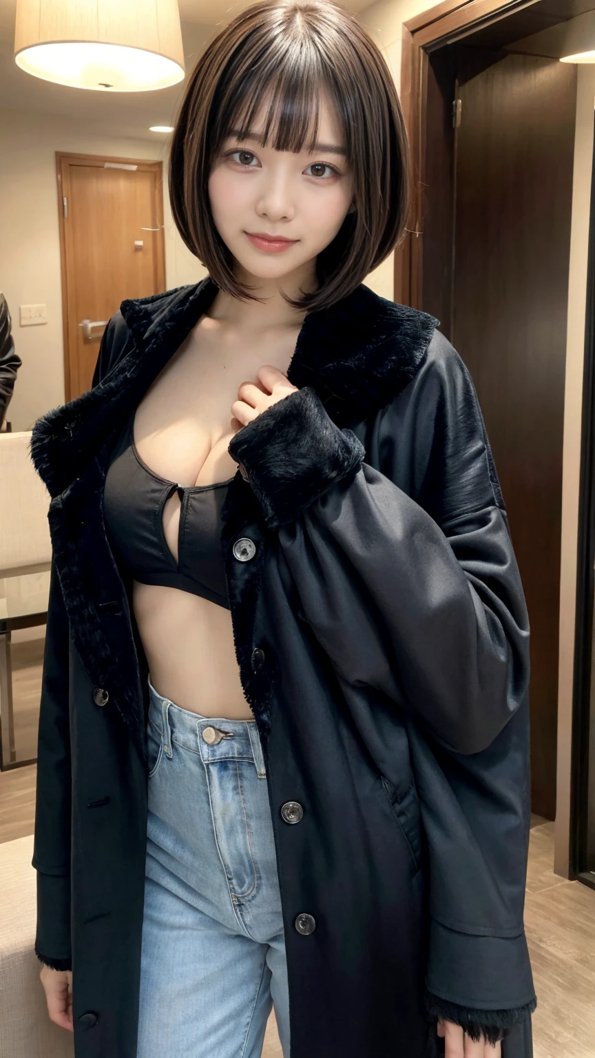 With bangs,Beautiful black hair,Woman with straight medium bob cut,,,21-year-old female,(((No hat))),Aspacarina,((Shy expression)),huge breasts,,Very beautiful eyes, ,(((Wearing a tattered black coat))),white sweater,(make:1.4),Big eyes,Hip Hop Dancer,Gangster style long pants,8k,High resolution,Gangster style,(head shot:1.5), hotel room