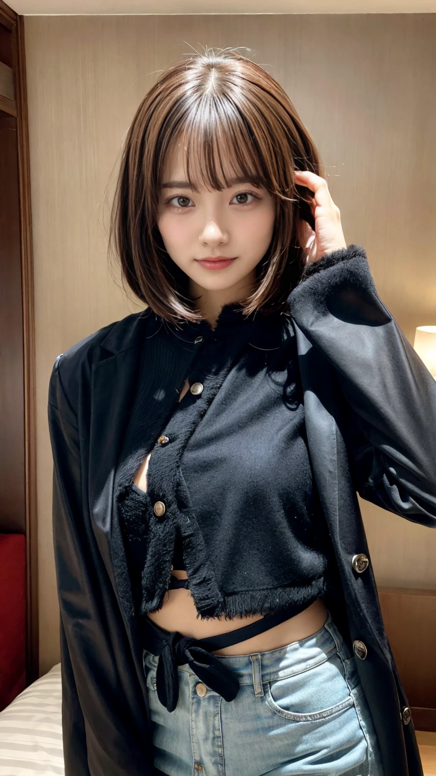With bangs,Beautiful black hair,Woman with straight medium bob cut,,,21-year-old female,(((No hat))),Aspacarina,((Shy expression)),huge breasts,,Very beautiful eyes, ,(((Wearing a tattered black coat))),white sweater,(make:1.4),Big eyes,Hip Hop Dancer,Gangster style long pants,8k,High resolution,Gangster style,(head shot:1.5), hotel room