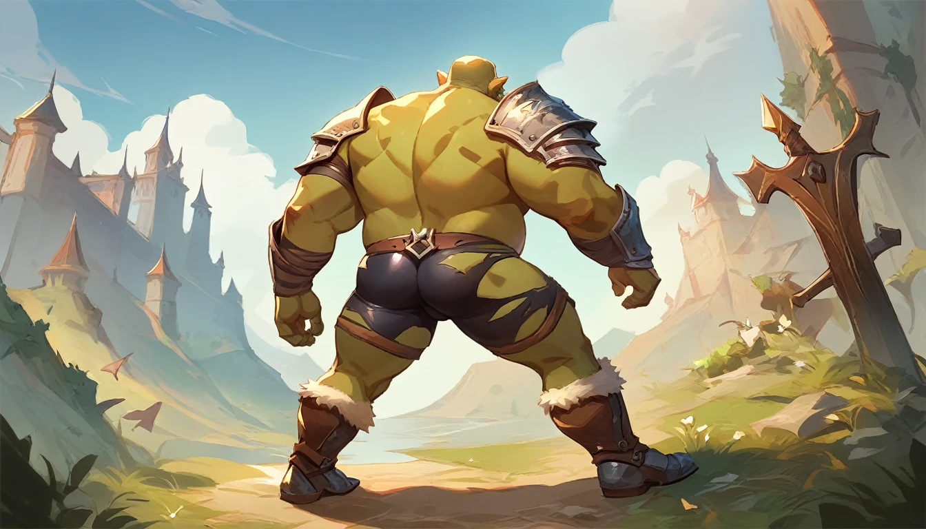score_9, score_8_up, score_7_up, solo, male focus, chubby male, orc, green skin, tusks, beard, outdoors, micro armor , shoulder armor, breastplate, day, armor boots , (( damaged black micro tight shorts )) , full body , ass , backside , back side