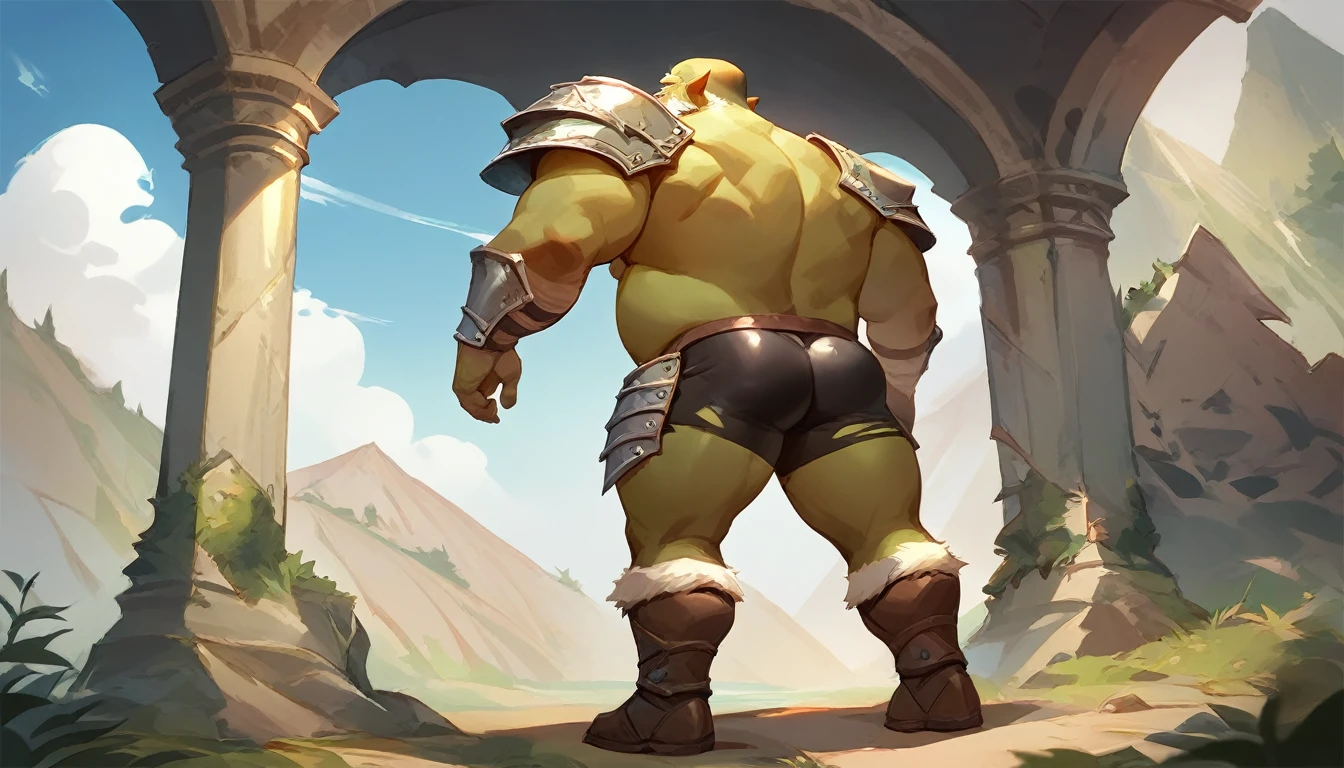 score_9, score_8_up, score_7_up, solo, male focus, chubby male, orc, green skin, tusks, beard, outdoors, micro armor , shoulder armor, breastplate, day, armor boots , (( damaged black micro tight shorts )) , full body , ass , backside , back side