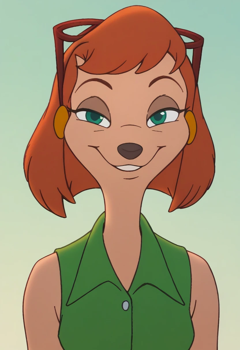 Sylvia, 1girl, solo, furry female, sleeveless, shirt, smile, green shirt, short hair, green eyes, half-closed eyes, animal noselooking at viewer, score_9, score_8_up, score_7_up, score_6_up, score_5_up, score_4_up simple background,