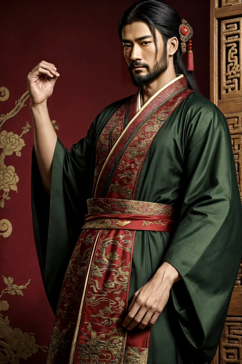 oriental-like、a adult man wearing ancient Chinese clothes: A long, layered robe in shades of red and green, with ornate patterns and symbols woven into the fabric, The head wears an accessory called Yuanyou Guan (Yuanyouguan), Eastern Han dynasty hairstyle, three kingdoms、Black clothes、long beard and an intense gaze, inspired by caocao, top-quality、masterpiece、超A high resolution、(Photorealsitic:1.4)