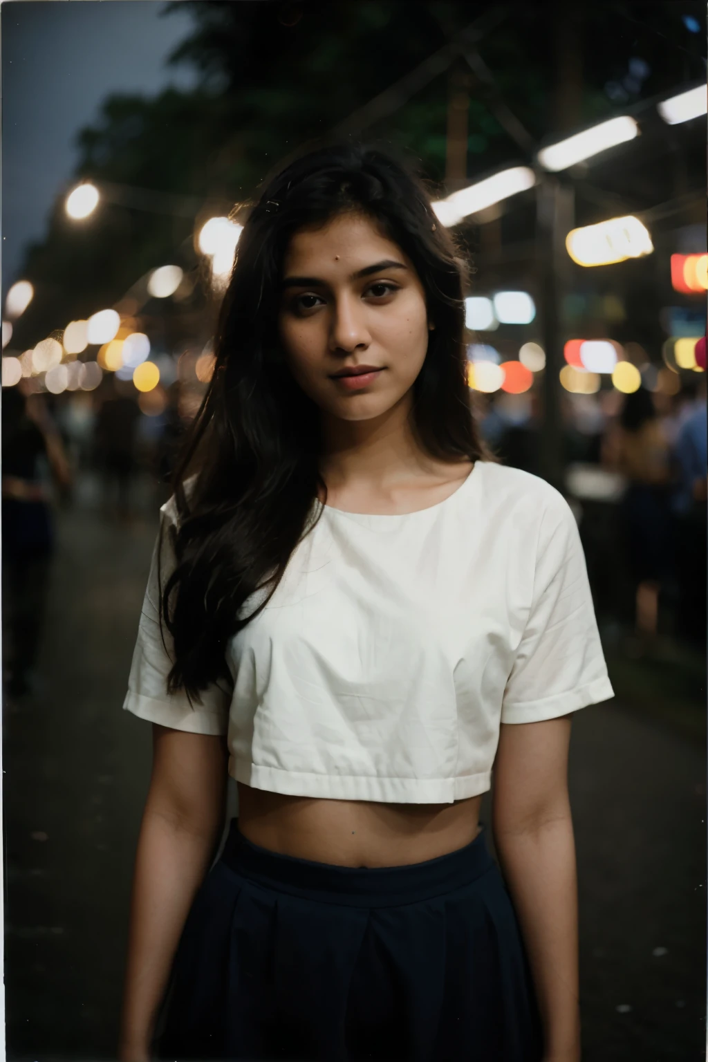 polaroid photo, night photo, photo of 24 y.o beautiful Indian woman, pale skin, bokeh, motion blur