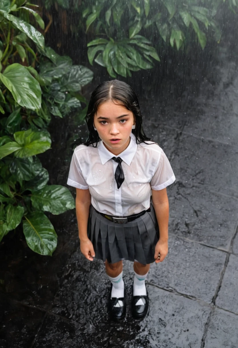 Aerial shot. A teenage girl with long way black hair looking up at the camera above her. She is wearing a plain white shirt with short sleeves, a grey skirt, and a black school belt, marry jane shoes and white socks, 1970s era, cinematic lighting, back lighting, raining, tropical storm, wet, soaked