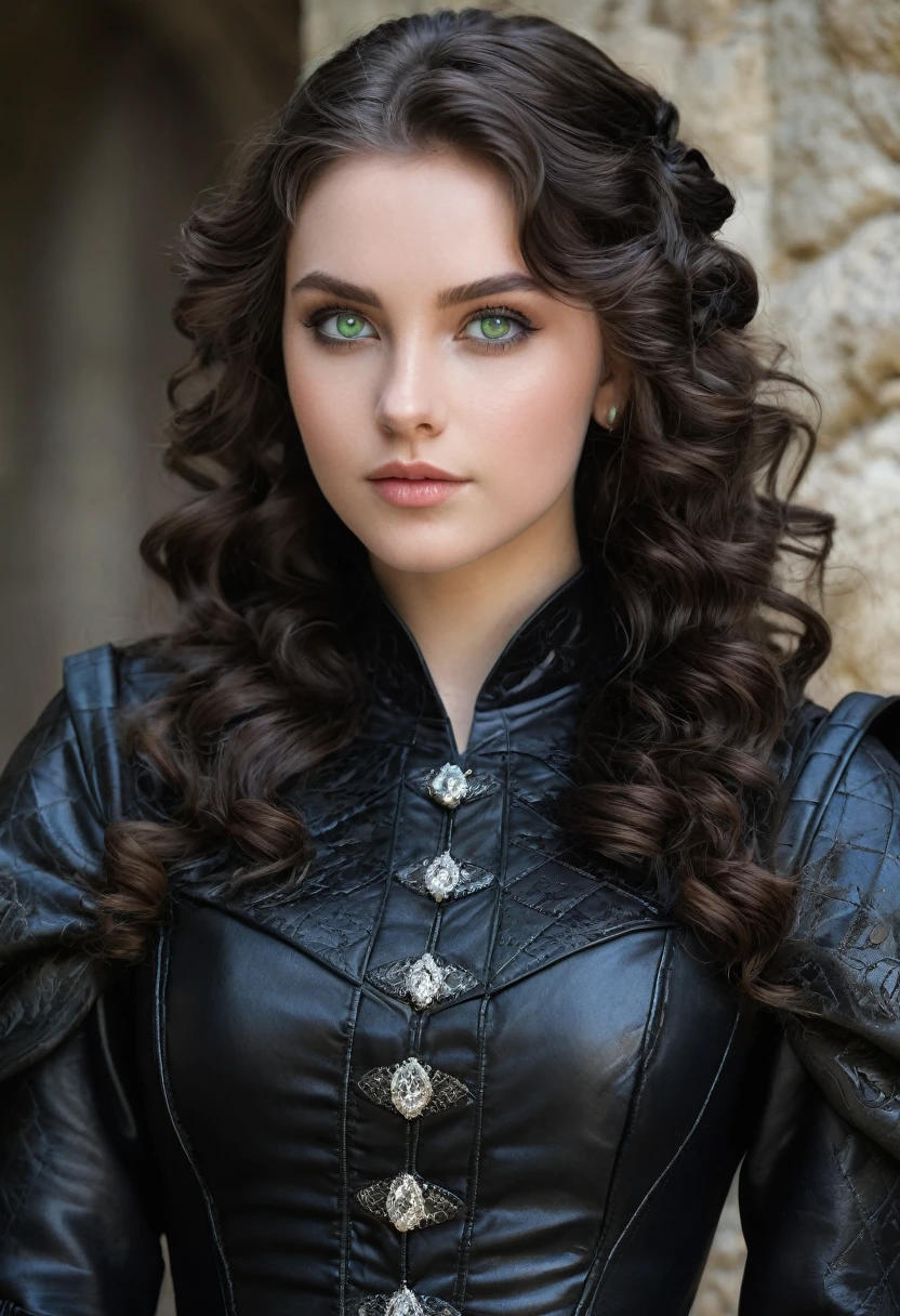 a 25 year old girl, curled hair, long and black obsidian , greeneyes, fair skin and diamond-shaped face, wearing a medieval black leather outfit with arrogant posture