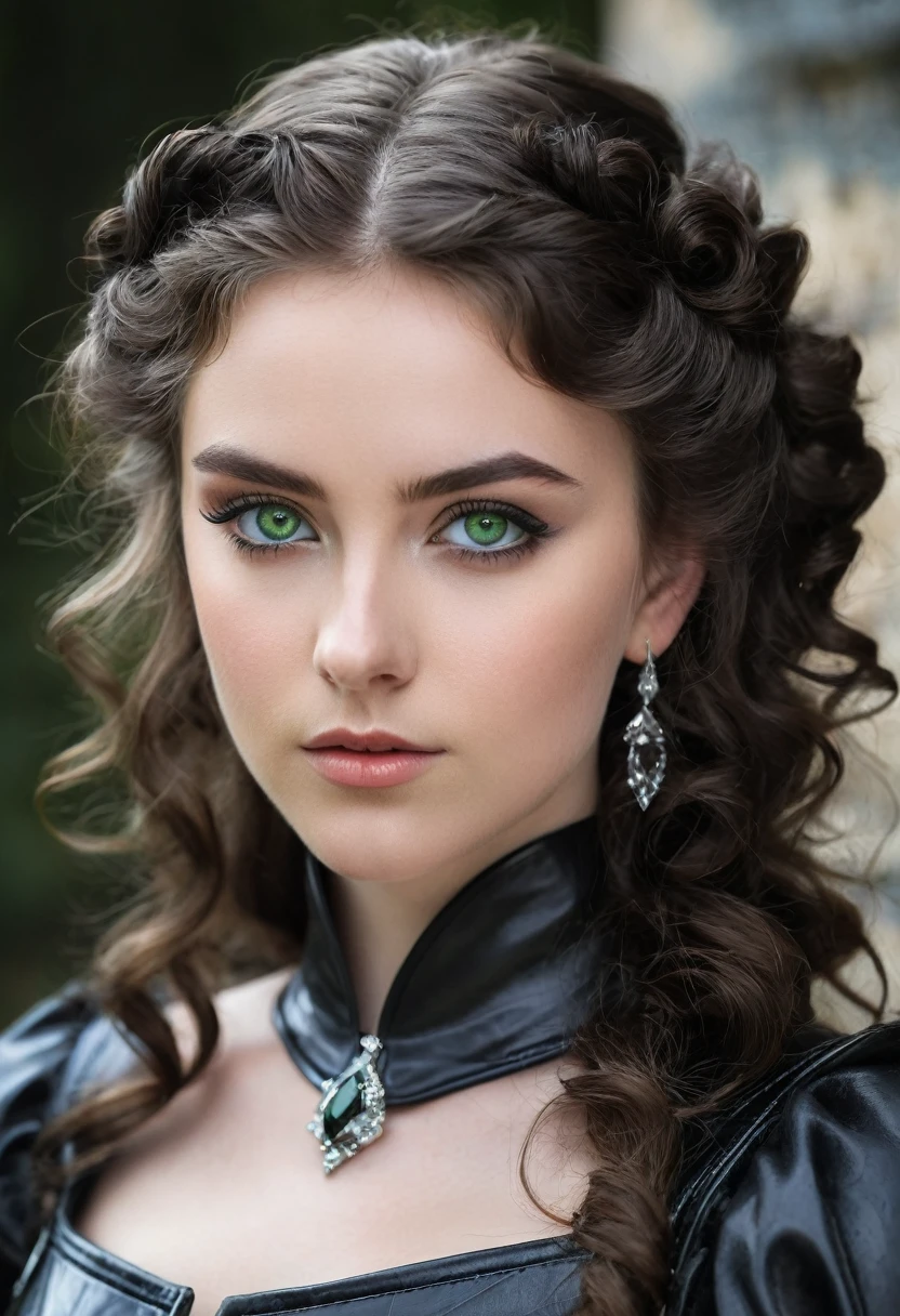 a 25 year old girl, curled hair, long and black obsidian , greeneyes, fair skin and diamond-shaped face, wearing a medieval black leather outfit with arrogant posture