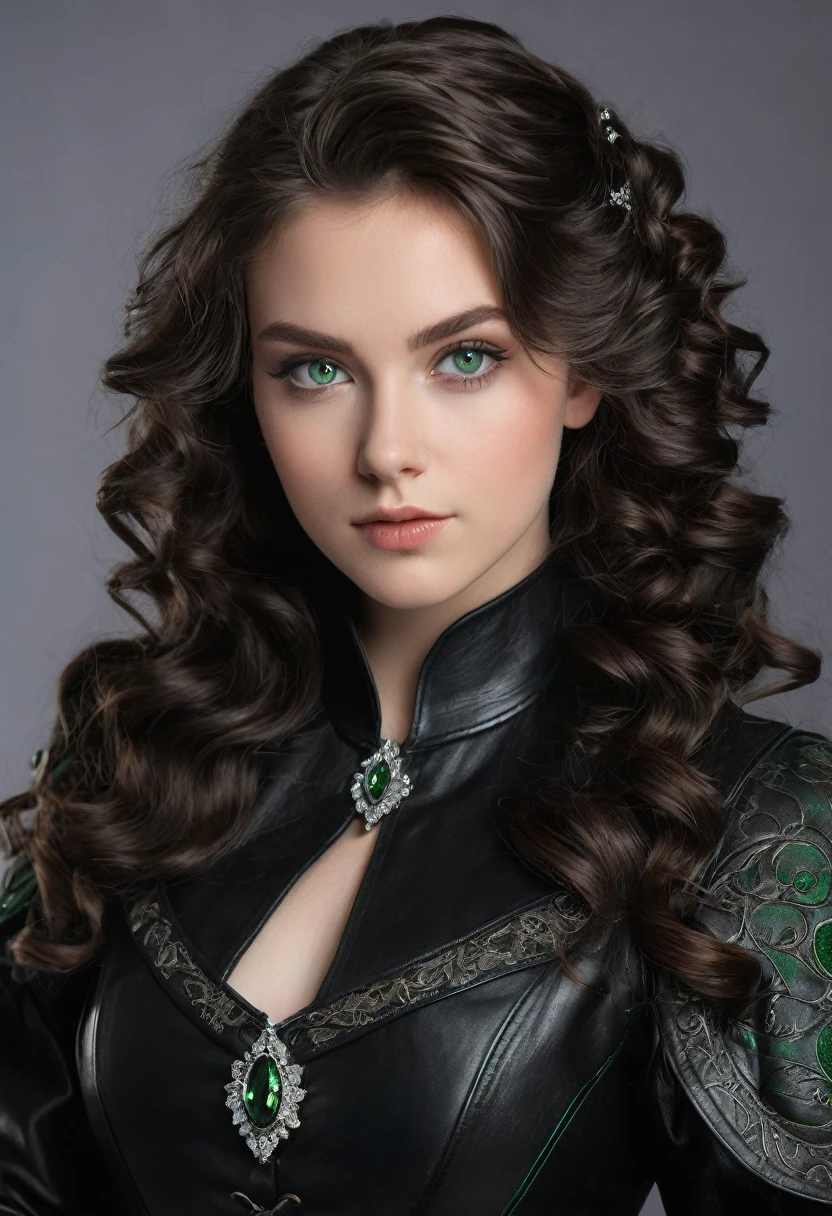 a 25 year old girl, curled hair, long and black obsidian , greeneyes, fair skin and diamond-shaped face, wearing a medieval black leather outfit with arrogant posture