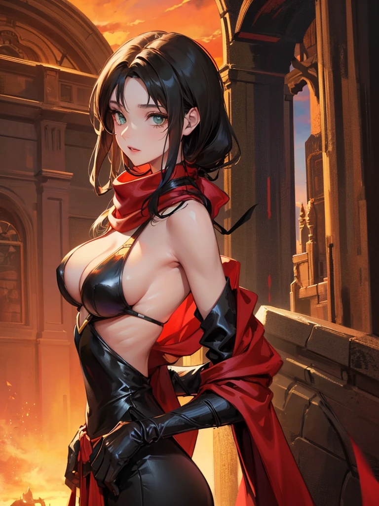 medieval setting, full view of body, 1 skinny female with large breast, beatiful smokey green eyes, black hair pinned up, shoulder free beautiful evening dress, red scarf around her neck, eerie sunset