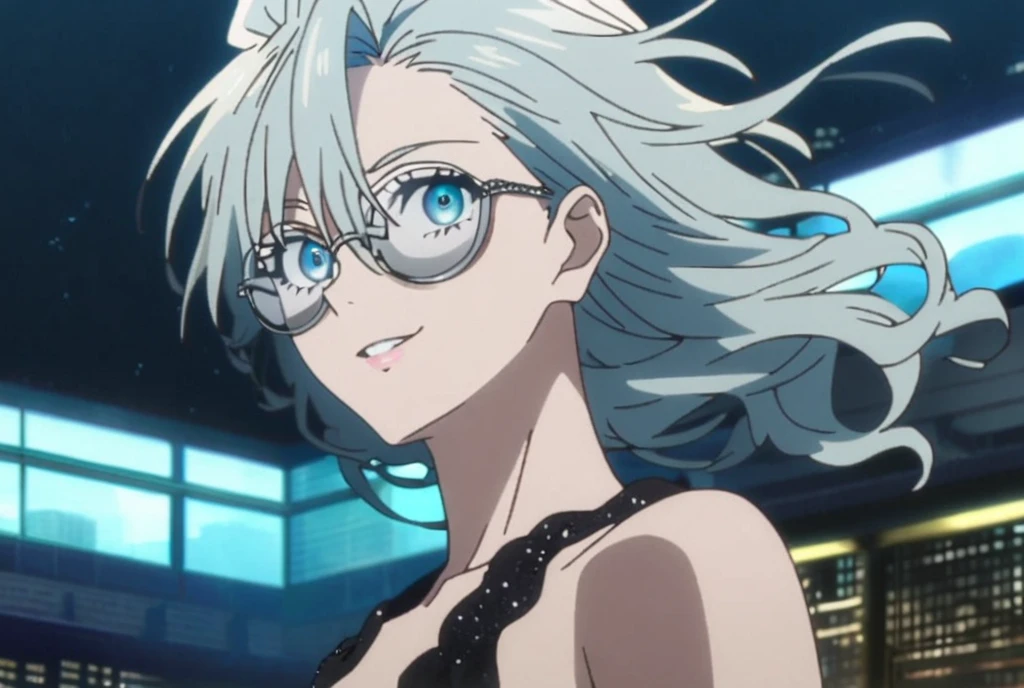 1girl, female gojo satoru, anime screencap from jujutsu kaisen, gojo satoru female version, solo, long_Silver hair, wavy hair, black round sunglasses, Blue Eyes, parted_lips, smiling, looking_at_viewer, perfect background, outdoors, side view, eyelashes, (elegant prom night outfit),  hair_between_eyes, floating hair, ((hair slicked from one side)), City in background,night