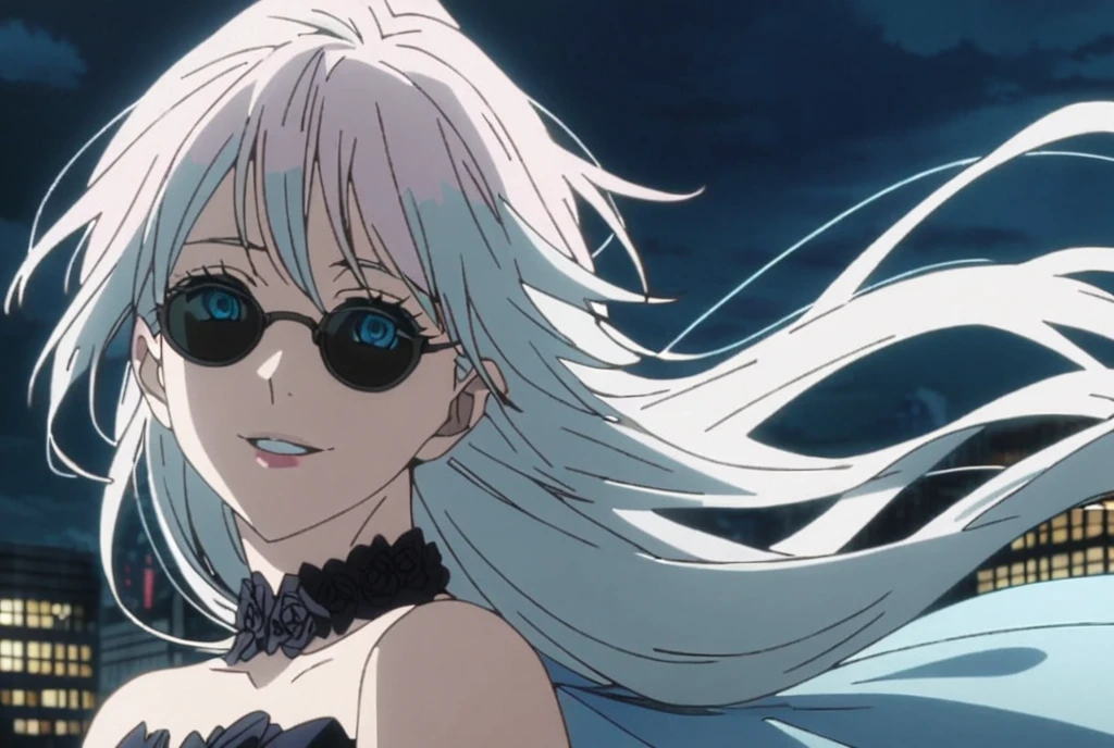 1girl, female gojo satoru, anime screencap from jujutsu kaisen, gojo satoru female version, solo, long_Silver hair, wavy hair, black round sunglasses, Blue Eyes, parted_lips, smiling, looking_at_viewer, perfect background, outdoors, side view, eyelashes, (elegant prom night outfit),  hair_between_eyes, floating hair, ((hair slicked from one side)), City in background,night