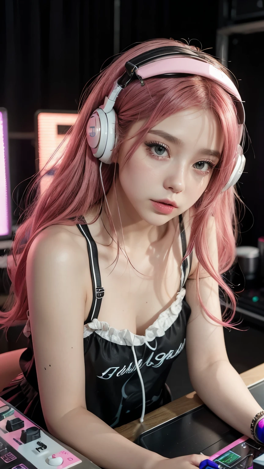 Pink Hair Girl, Paper by Morena Clara, With gal make-up, On the DJ table, wearing a gal outfit and headphones