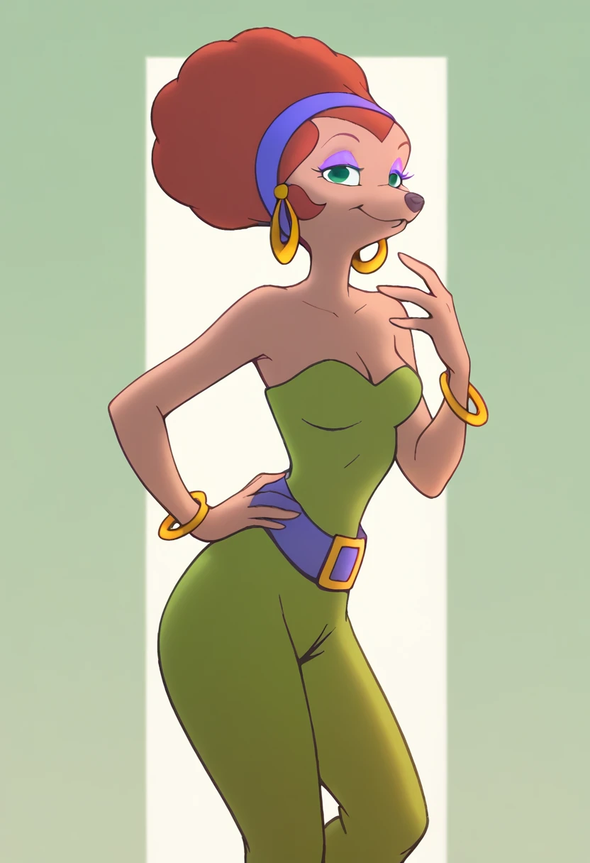 Sylvia, 1girl, purple belt, solo, jewelry, breasts, hoop earrings, bare shoulders, half-closed eyes, orange hair, hairband, green eyes, cleavage, green pants, strapless, smile, makeup, furry female, purple hairband, eyeshadow, bangle, medium breasts, small breasts, pants, full body, standing, afro looking at viewer, score_9, score_8_up, score_7_up, score_6_up, score_5_up, score_4_up simple background,