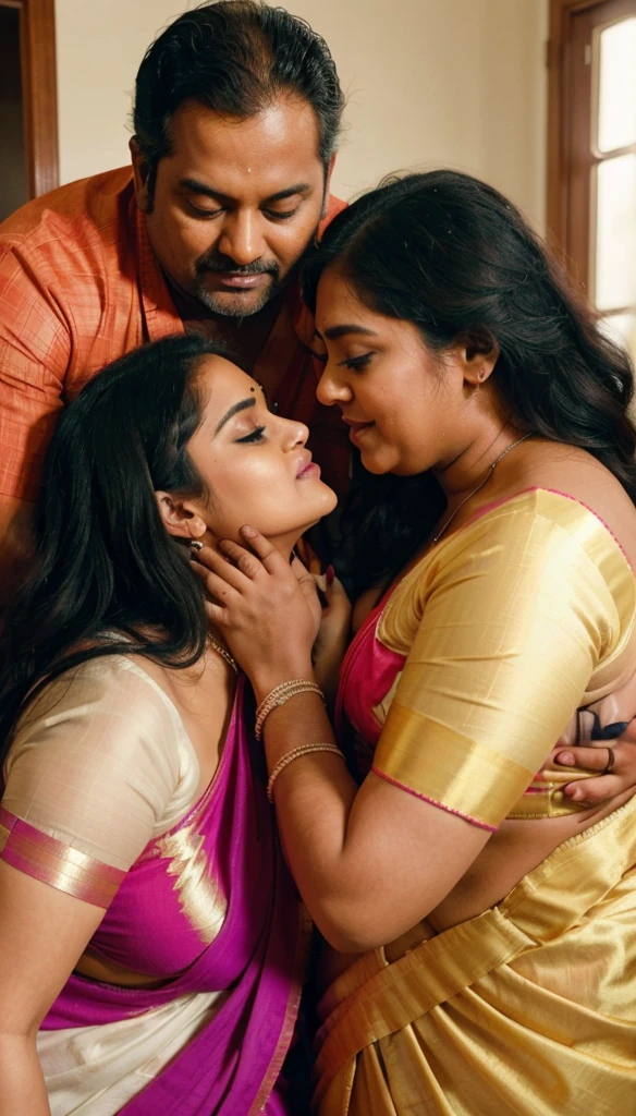 a 50-year-old shirtless man affectionately hugging and kissing aradiant, full-figured South Indian plus-sized 30 year old teacher wearing a off white silky saree in dressing room, captured in a full-body image with vibrant hues and meticulous details. Full body image