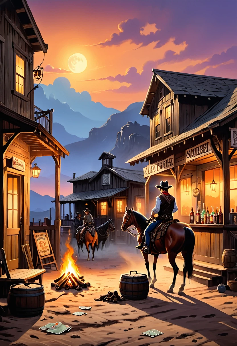 (cowboy特写:1.5),cowboy,,rural,Pub,The Wild West,The Old West,nation,Old fashioned bar,car,Blues Music,Bar reception,Carriage Wheel Chandelier,Wooden floor,whiskey瓶,Dusty atmosphere,Smoky,Cheerful laughter,Swing door,whiskey,Bar stools,Piano Performance,saddle,Western clothing,cowboy帽,cowboy靴,scarf,Leather vest,horse riding,lasso,Revolver,cowboy文化,adventure,confusion,Sheriff,Empty streets,cactus,Dilapidated building,spittoon,Dark corners,Card game,Straw covered floor,Moonlit sky,Stagnant Night, Tumbleweed,Rugged charm,大胆的adventure,Life on the Border,Ancient charm,retro charm,nostalgic vibes,rugged terrain,Warm sunset,Soothing campfire,silhouette of cowboy at twilight,Majestic horse,Stunning sunrise,The bonfire gradually died down,The authenticity of the Wild West,Suspenseful atmosphere,Strong contrast,Soft tones,Vintage film grain,Romantic imagery,Mysterious shadows,Dimly lit interior,Vivid, saturated colors,Warm and cool tones,Soft and warm lighting,Contrast highlights and shadows,Soft diffused light,Rich texture,Clearly layered brushstrokes,depth and dimensionality,Attention to detail,Surrealist depictions.