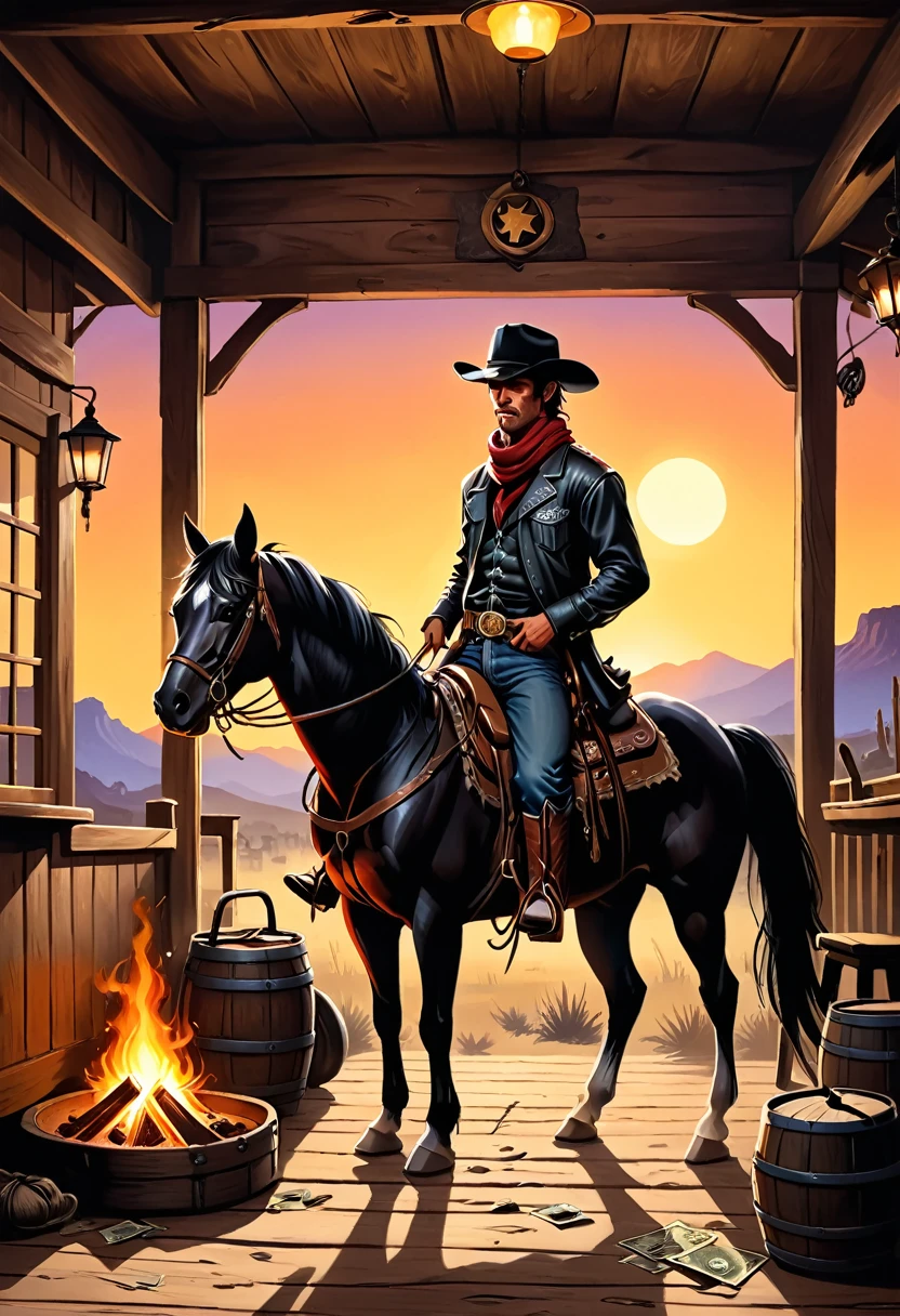 (cowboy特写:1.5),cowboy,,rural,Pub,The Wild West,The Old West,nation,Old fashioned bar,car,Blues Music,Bar reception,Carriage Wheel Chandelier,Wooden floor,whiskey瓶,Dusty atmosphere,Smoky,Cheerful laughter,Swing door,whiskey,Bar stools,Piano Performance,saddle,Western clothing,cowboy帽,cowboy靴,scarf,Leather vest,horse riding,lasso,Revolver,cowboy文化,adventure,confusion,Sheriff,Empty streets,cactus,Dilapidated building,spittoon,Dark corners,Card game,Straw covered floor,Moonlit sky,Stagnant Night, Tumbleweed,Rugged charm,大胆的adventure,Life on the Border,Ancient charm,retro charm,nostalgic vibes,rugged terrain,Warm sunset,Soothing campfire,silhouette of cowboy at twilight,Majestic horse,Stunning sunrise,The bonfire gradually died down,The authenticity of the Wild West,Suspenseful atmosphere,Strong contrast,Soft tones,Vintage film grain,Romantic imagery,Mysterious shadows,Dimly lit interior,Vivid, saturated colors,Warm and cool tones,Soft and warm lighting,Contrast highlights and shadows,Soft diffused light,Rich texture,Clearly layered brushstrokes,depth and dimensionality,Attention to detail,Surrealist depictions.