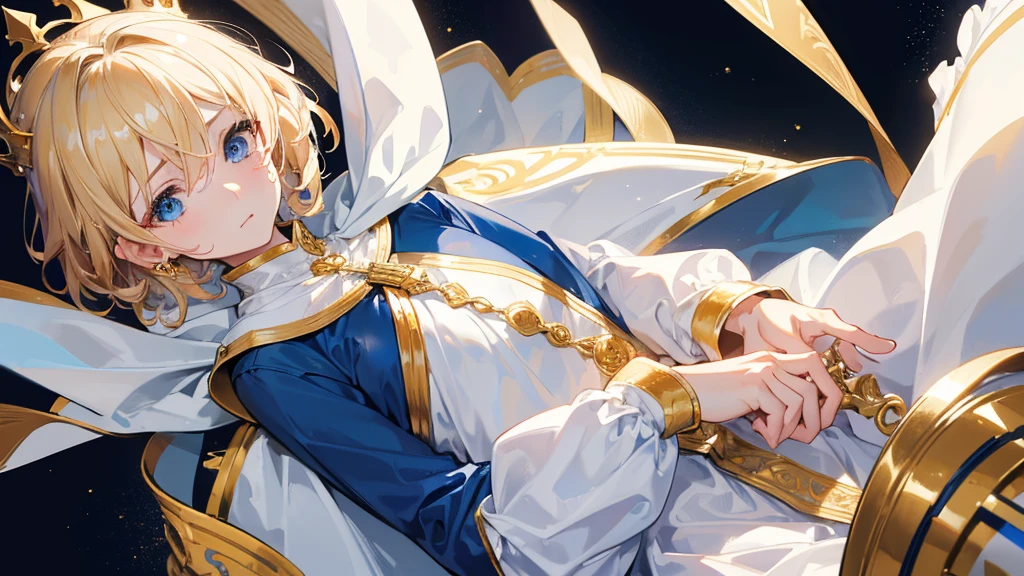 (Highest quality)　(4K)　(8k)　(High resolution)　(masterpiece:1.2)　(Super detailed)　One boy　short hair　Wizard　Blue Eyes　Long sleeve　Golden decoration　Hair between the eyes　White Dress　Wavy golden hair　Upper Body　(large crown)　(White Background)　(profile)　Face close-up　Are crying