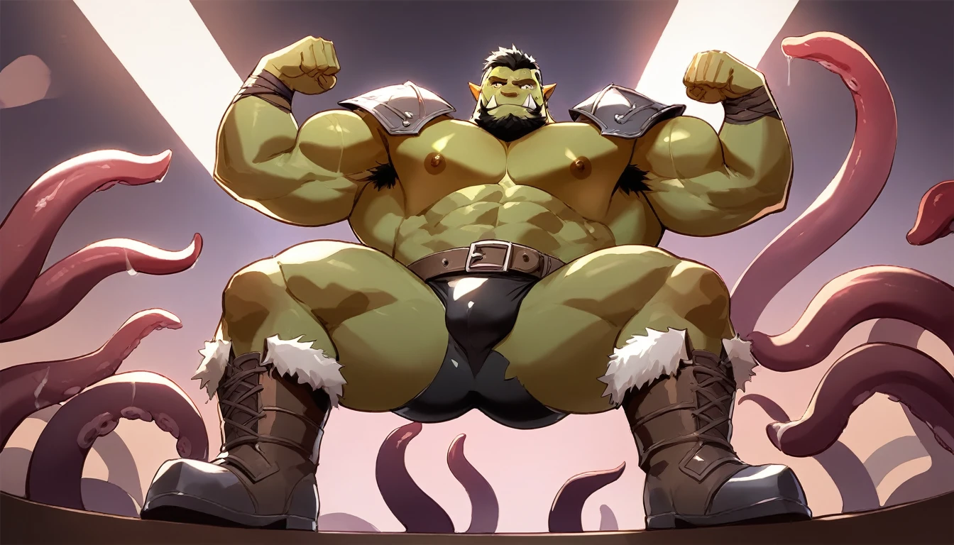 score_9, score_8_up, score_7_up, solo, male focus, muscle male, young , orc, green skin, tusks, beard, nipples , micro armor , shoulder armor , strip club , (( damaged black tight )) , ((( tentacles ))) , full body , armor boots , (( flex muscles pose )) , laying spread legs , massive ass , tear , ashamed face, low-angle