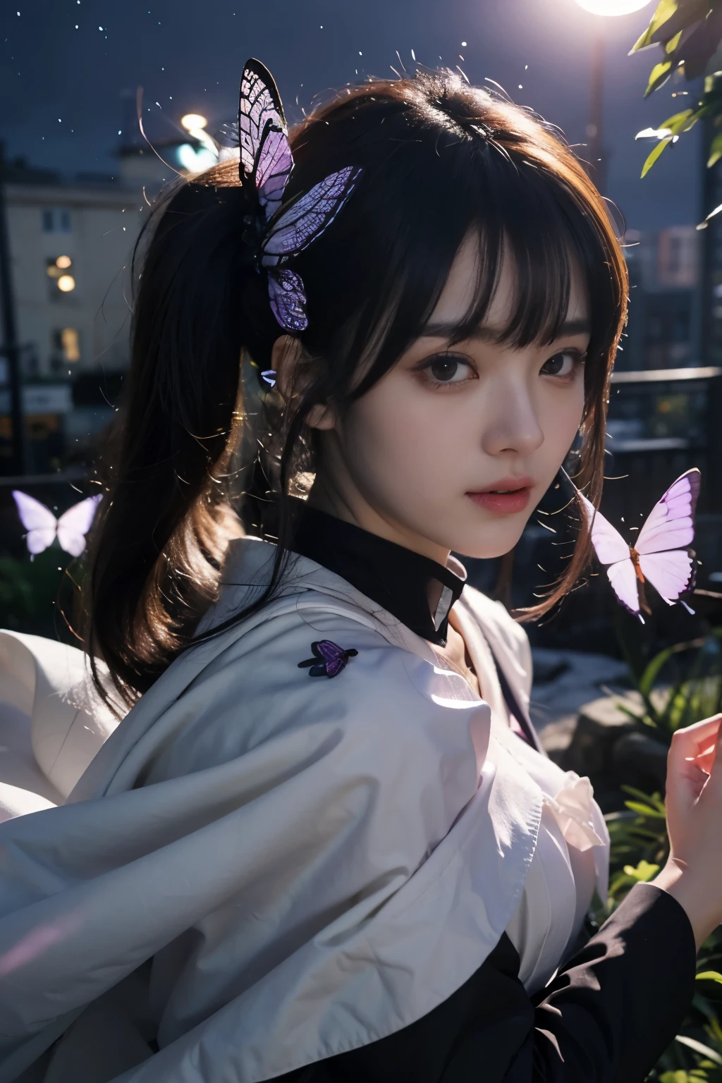 Kanao tsuyuri, demon slayer, famale, black hair, purple eyes, black demon slayer uniform, friendly face, butterfly effect:1.5, beautiful night background:1.2, aesthetic light effect:1.2, ultra-realistic1.2, ultra-detailed1.2, bestquality, masterpiece.