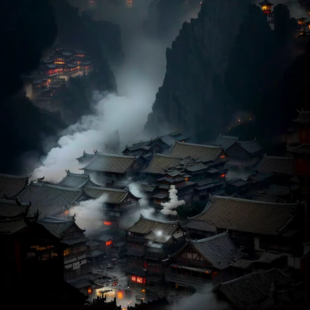 Thick smoke billowed from the chimneys in the village, China Village, Dreamy Chinatown, old asian village, by Xia Yong, by Zou Zhe, author Shang Xi, author：Cold plum, by Sheng Maoye, ancient Chinese Architecture, bo xun ling, Chinese Architecture, Burning village, Beautiful images, Light coming through the roof
