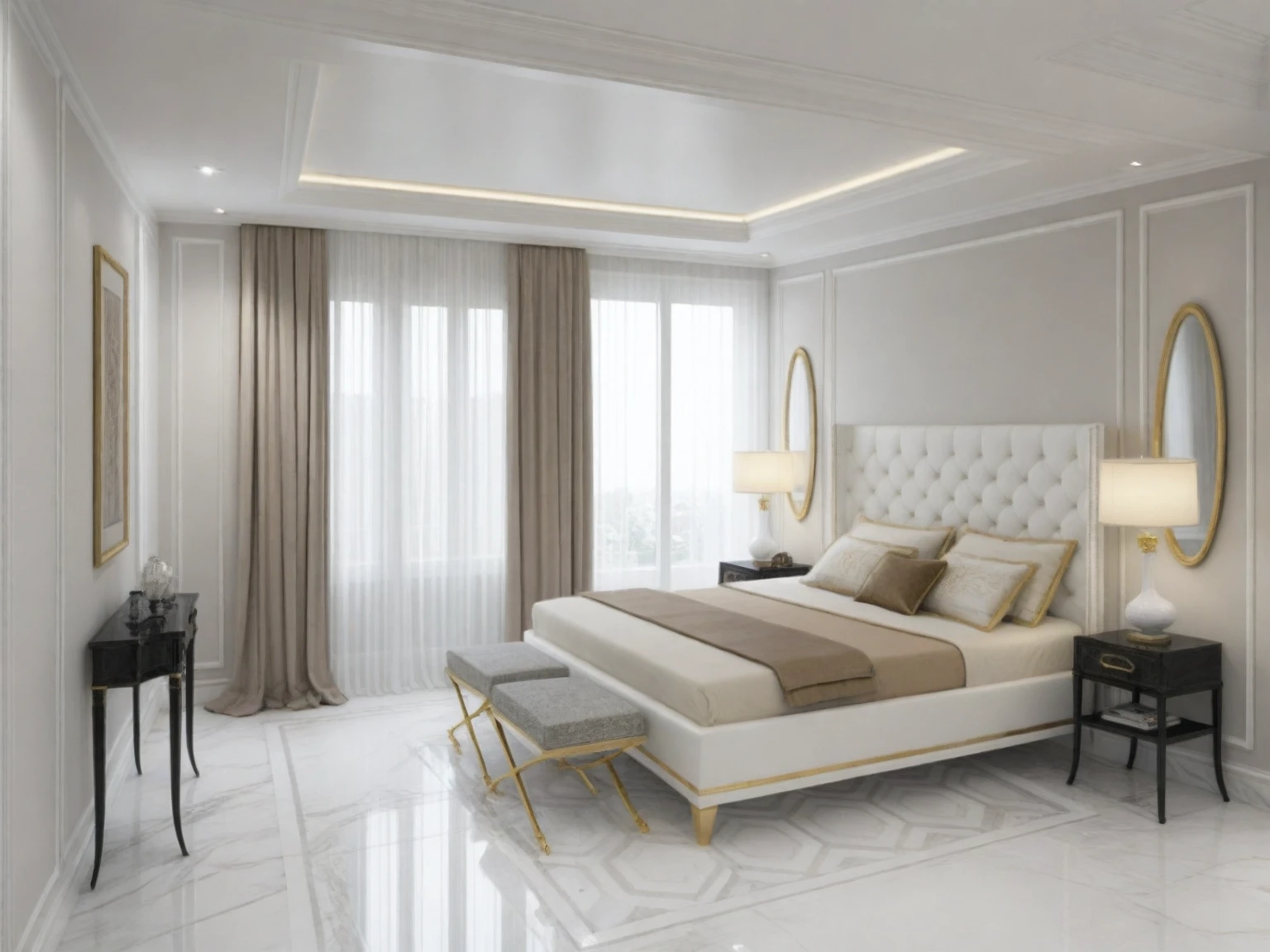 masterpiece, modern ((( bedroom : 1.3 ))) space, luxurious, aristocratic interior design, royal space, ((super detail :1.3))), neoclassical style design, neoclassical interior Modern blend, details, luxurious aristocratic neoclassical kitchen inside, luxurious marble floor, interior illustration, white, gray glossy floor ((1.2)),