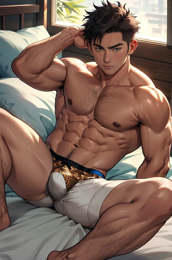 handsome, A muscular young white Asian man is lying on the bed., resting on his elbow, Wearing only a small pair of cheetah panties. 