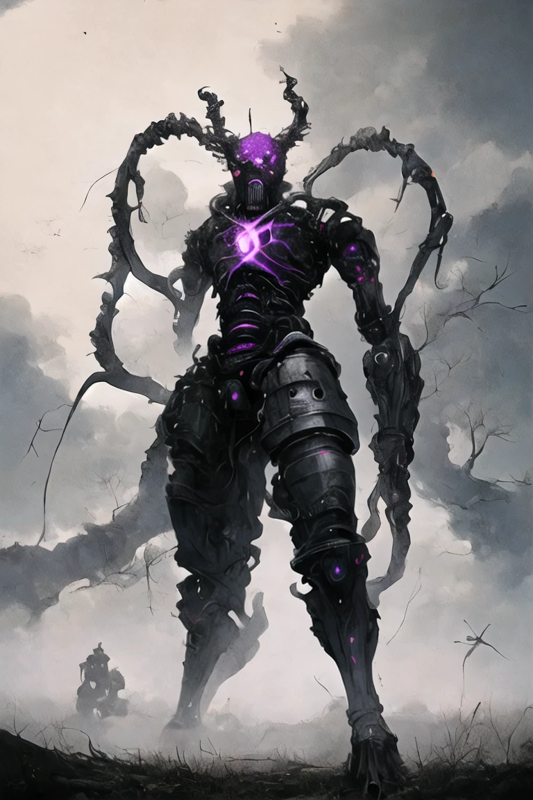 (((Highest quality)))(((Best Image)))外見は黒いfog,Wear shiny armor,Modern Battle Suit(((Appearance)))The shape is humanoid,Wearing armour(((Features)))Eyes glowing red,The shape is made of purple glowing matter..(((male)))The skeleton is human-like、Muscle fibers are visible,fogのようなもので構築している(((background)))Barren Land,dead tree,fog,Chaotic world(((Standing posture)))Battle Scenes,overwhelmingly strong,Highest quality。