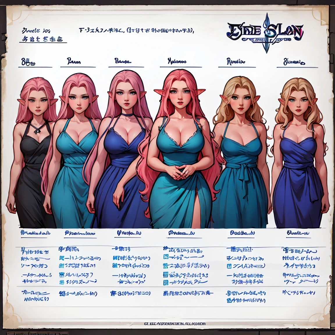 Quality, character sheet, design, positions, woman, long wavy hair, pink hair, blue eyes, elf, dress ,Blue eyes ,Adult, big woman, big  , RPG character sheet 