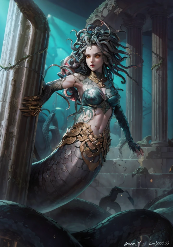 Medusa a woman In Greek mythology, Medusa, also called Gorgo, a human female with living venomous snakes in place of hair, dark, moody, dark fantasy style