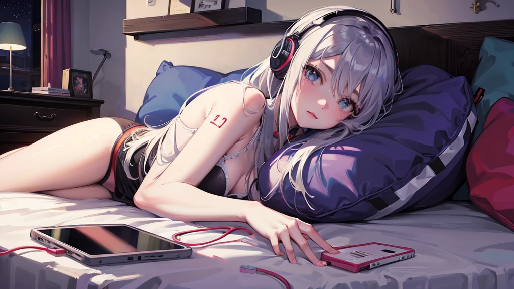 Girl listening to music in a cozy room at night, Use headphones, 2D anime style, Truly, hard disk, Dark environment、Emo
