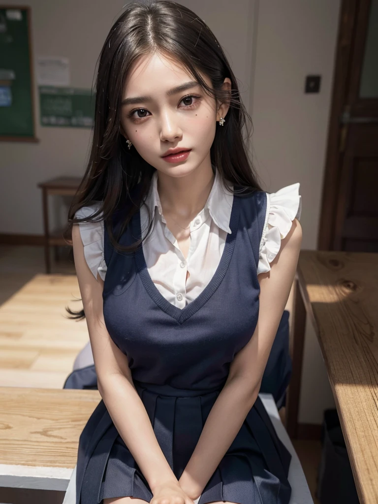 absurdres, RAW photo, extremely delicate and beautiful, masterpiece, Best Quality, ultra high resolution, 32k, hyperrealistic, ultra-detailed, perfect ???????, anatomically correct, perfect figure, Perfect Style, Perfect balance, super Detailed skin, in her 30s, very Slim body, narrow waist, very small head, very small face, delicate facial features, handsome detailed woman, very detailed eyes and face, realistic face proportions, Realistic beautiful face, Realistic beautiful eyes, tearful mole, earring, very huge round tits, full body shot, bare legs, medium hair, indoor, (school_uniform:1.2), skirt, sleeveless, (dress shirt:1.2),