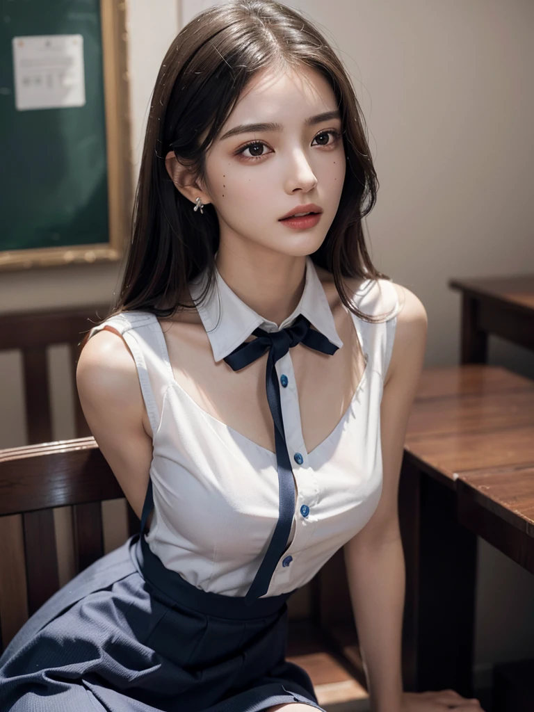 absurdres, RAW photo, extremely delicate and beautiful, masterpiece, Best Quality, ultra high resolution, 32k, hyperrealistic, ultra-detailed, perfect anatomy, anatomically correct, perfect figure, Perfect Style, Perfect balance, super Detailed skin, in her 30s, very Slim body, narrow waist, very small head, very small face, delicate facial features, handsome detailed woman, very detailed eyes and face, realistic face proportions, Realistic beautiful face, Realistic beautiful eyes, tearful mole, earring, very huge round tits, full body shot, bare legs, medium hair, indoor, (school_uniform:1.2), skirt, sleeveless, (dress shirt:1.2),