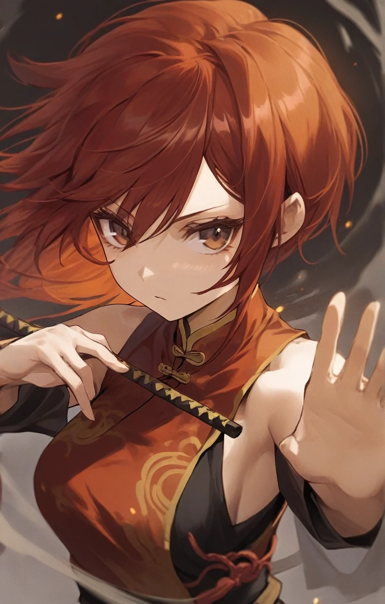 woman, human, adventurer, chinese costume, kung fu, elegant, bust shot, flat chest, red hair