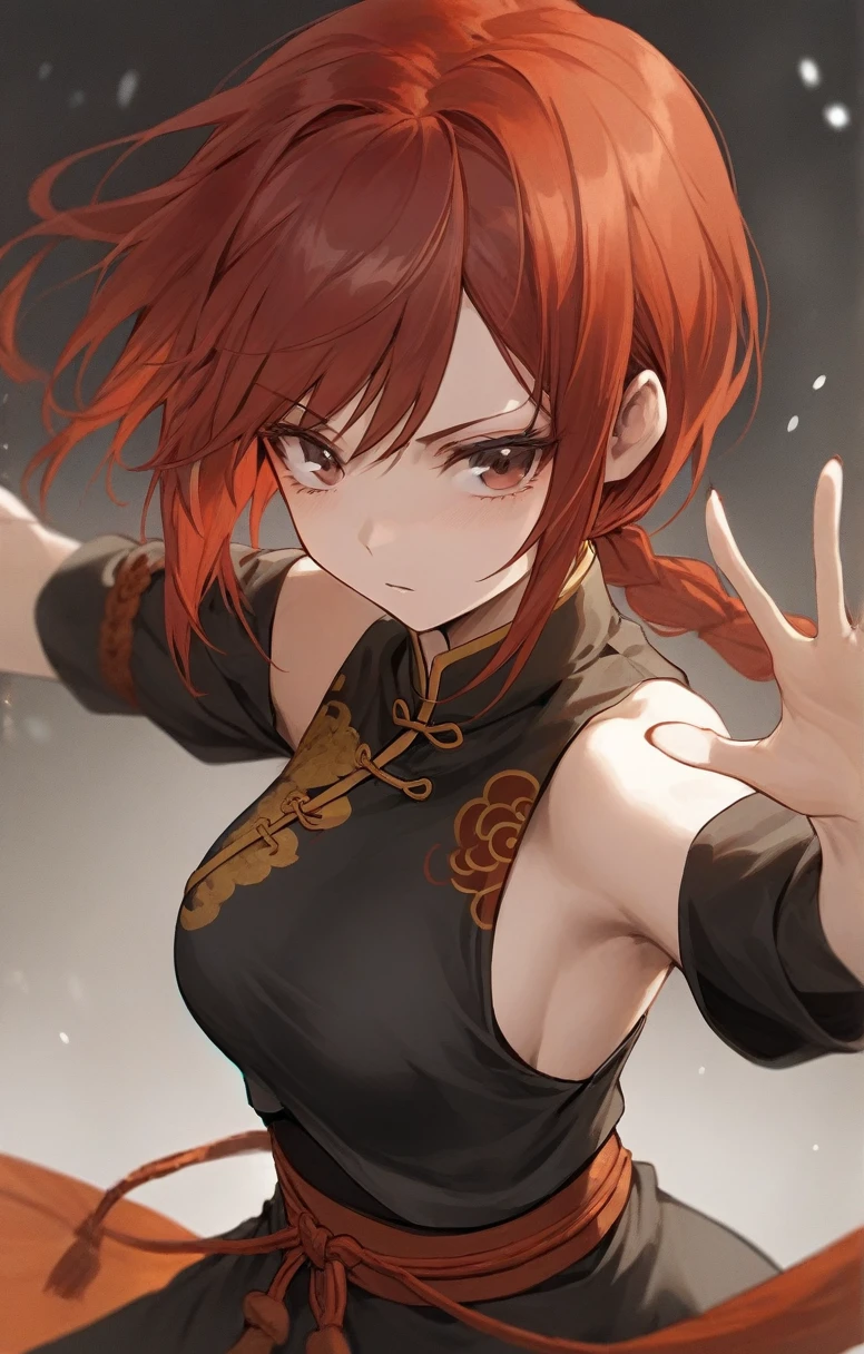 woman, human, adventurer, chinese costume, kung fu, elegant, bust shot, flat chest, red hair