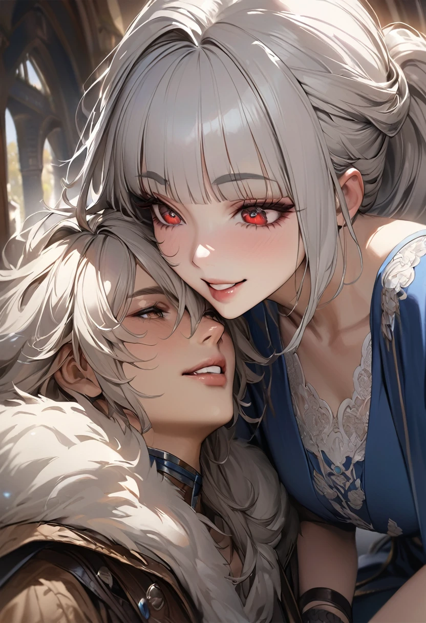 (Highest quality, masterpiece:1.2), (High resolution, 最高masterpiece).(difficult).Very detailed, Realistic:1.37, Fantasy, An illustration,Gray Hair、 Red eyes、Queen, Navy and blue dress、beautifully、Eyeshadow Red、Thick eyebrows、Long eyelashes、pupils are black、shiny on the lips、Top Sites、Queen、Princess、A kind smile、Show your teeth a little and smile、Soft impression、people々々々々々々々々々々々Loved by、Slimming the face、Shoulder Bare、ponytail、Kissing Face、Long white hair、Shaggy Bangs、Save face image、