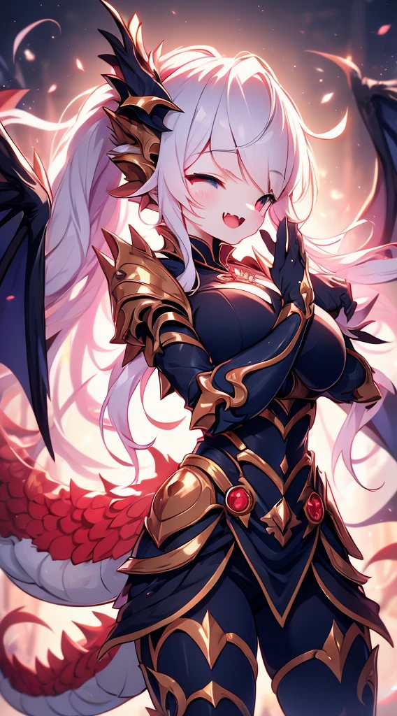 Dragon Girl,knight女孩,穿着knight铠甲的女孩,Breastplate,Skirt Armor,Arm Guard,Leggings,Bare thighs,丝绸Knee socks,Knee socks,White hair,Long hair,Single ponytail hairstyle,Dragon Horn女孩,Dragon Wings,Girl with wings,Dragon Horn,horn,巨Dragon Wings,White Wings,Dragon Tail,巨Dragon Tail,Long Tail,thick tail,Fat Tail,Smooth tail,White Tail,Scales,Scales盔甲,knight,knight girl,Close-up above the waist,Upper body close-up,mature body,Tights,Pants,Leather pants,Tights,Big breasts,Big breasts,Wide crotch,Big Ass,Fangs,laughing out loud,Royal sister,big sister,Heroic,Manic,Wild,Feral,arms,手持arms,手持长柄arms