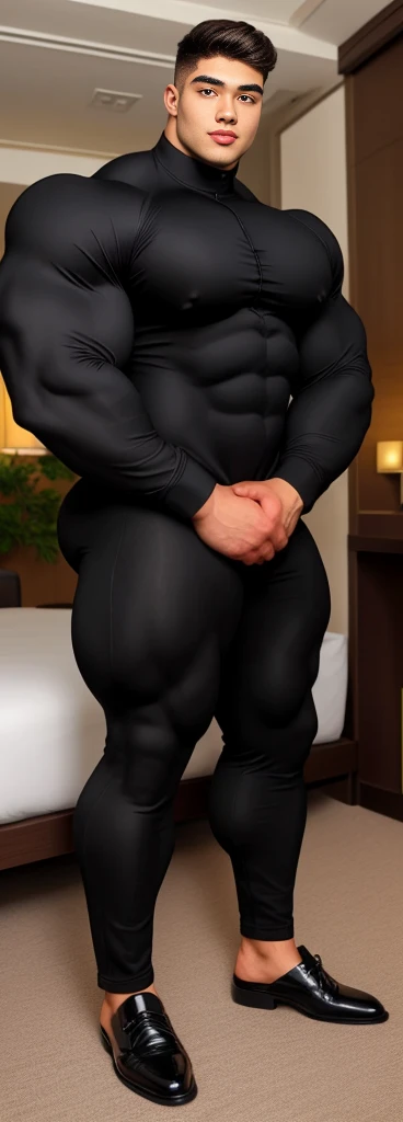 Height 4 meters，Slightly overweight black man. 20 years old. Handsome young face. at the hotel. Very sexy posing for the camera. muscular. Wearing a black skinny suit . Big Ass Boy. Smooth body and face. See the abdomen. The legs are long, very long. bending. Front view. Greenery, Sticking out tongue, 
