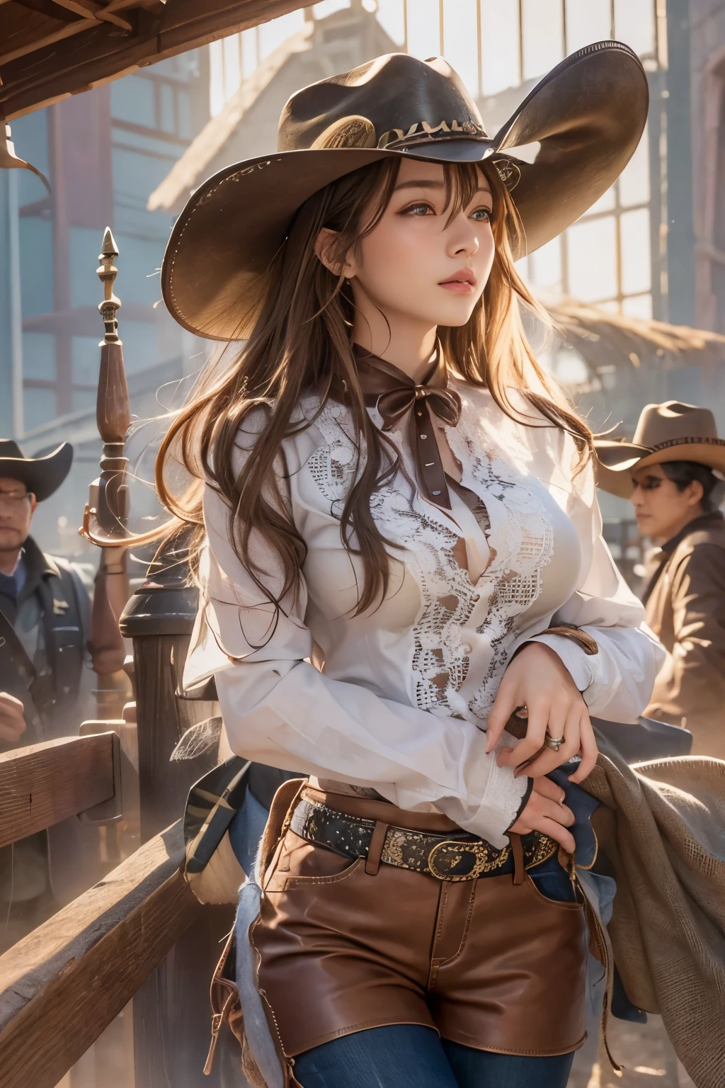 digital portrait, realistic depiction of the human body, RAW photo, one weasten cow girl, Security Officer, gentle gray eyes, plump lips, An ennui look, huge firm bouncing busts, Long brown hair, horse riding, (((Cowboy hat, 着古した茶色の革のSecurity Officerのジャケット, Lace shirt, Jeans short pants, Leather cowboy boots))), highest quality, super resolution, master piece:1.5, medium depth of field, 50ｍｍlens, cinematic lighting, Backlight, professional photographer, , Monument Valley, vast ranch, Sunset, sunset, Herd of cows, Wagon, duel