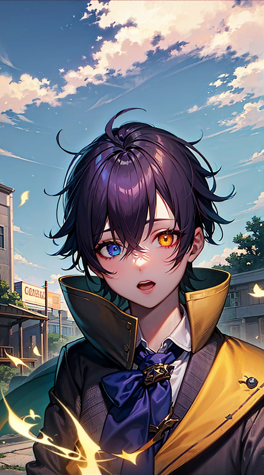 (masterpiece), best quality, high quality, dynamic light, 1boy, upper body, solo, , (blue tie), (heterochromia), (purple left eye, yellow right eye:1.1), shocked face, (glowing yellow eye), (hairstyle: straight), purple hair, middle hair, (hair covers the eye:1.2), night sky, dark alley, horror, from side, side view