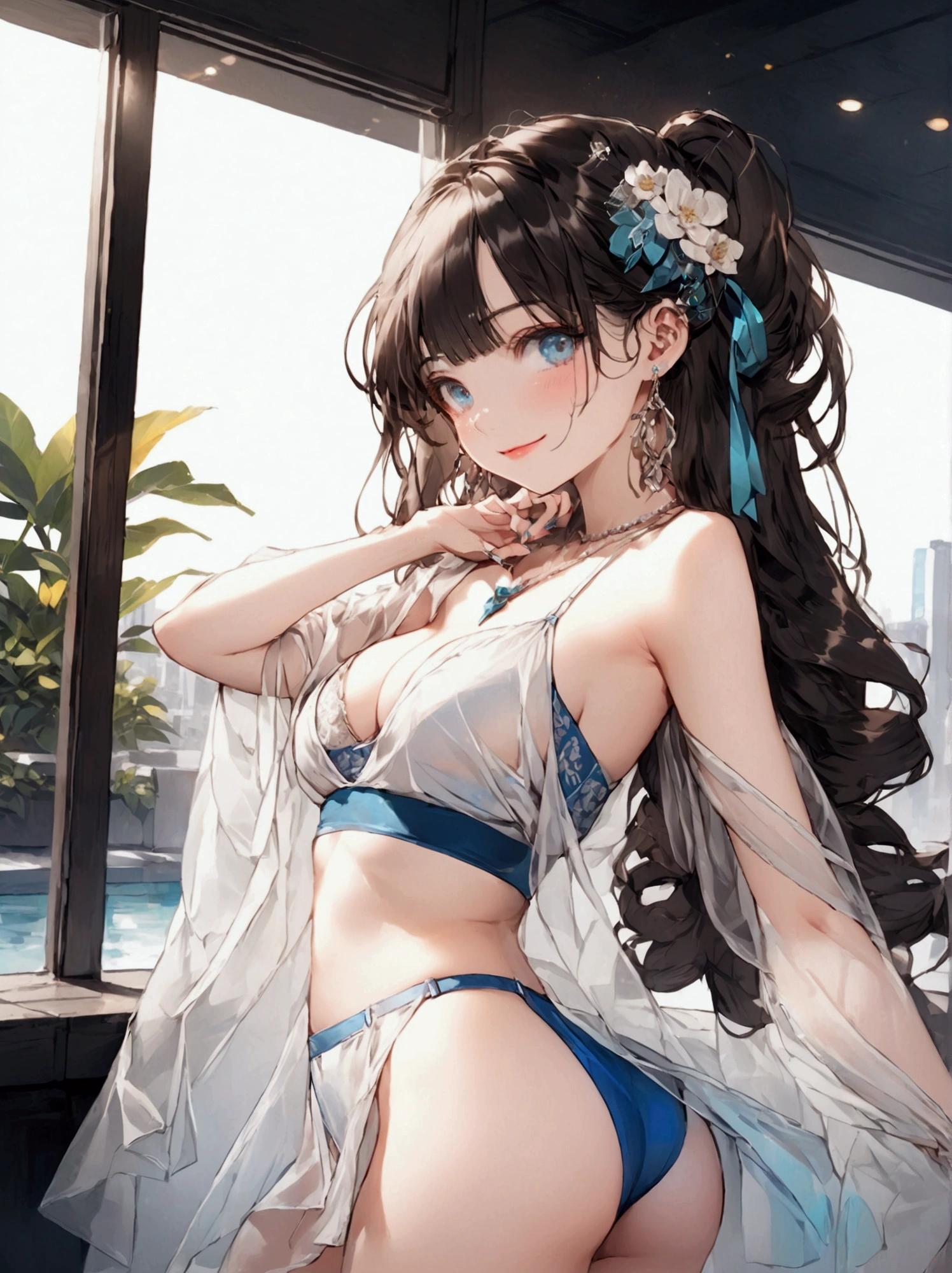 ((masterpiece, Highest quality)),Best aesthetics,One Girl, （A luxury resort hotel with a view of the summer sky）　（Hotel Observatory）　（Standing elegantly on the hotel beach）　（Standing full body view）（Full body portrait）（Beach view from the window）Graceful pose　Lewd face　Graceful pose　Captivating look　A look of contempt　A look of contempt　Sexy Body　Clear Eyes　Round eyes　　office lady　Japanese women　Manga illustration　Beautiful and firm breasts　Beautiful E Cup Breasts　the body is slim　Highest quality　4K Chignon Hairstyle　Hair tied up　Medium Long Hair　（light brown brand）　hair ornaments　necklace　Fascinating sandals　Seductive pose　garter belt　Earrings　（She is wearing a sexy white lace floral dress）　Sexy see-through white floral lace bra,White see-through thong with obscene embroidery　Sensual beige stockings with floral print　　 (Attractive 30 year old Japanese widow,）High heels　flashy necklace　The finer details　Beautiful anime illustrations　Beautiful Face　alone　High resolution, One Girl, Highest quality, Attention to detail, Slightly parted lips　Seductive red lips　Professional, Vibrant colors, Perfect Anatomy, ideal facial features, Ideal Professional Portion Diagram, Perfectly beautiful body, Highly detailed skin, Glowing Skin, Glowing Skin, Cleavage, Captivating smile)),Miss Soapland　Mature hot body　Sparkle Effect, Anime Style, photograph, Attractive nail art　A sophisticated gravure idol　Young Sensual Gravure Idol　Gorgeous Japanese Model