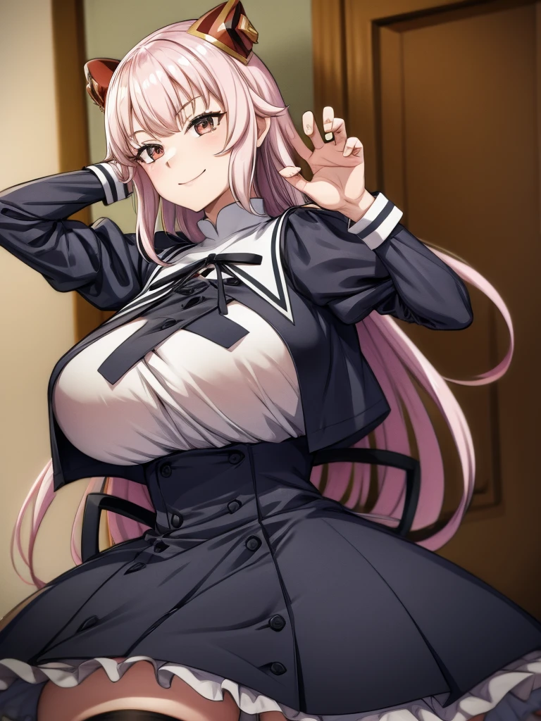 Top quality, masterpiece, beautiful face, fine eyes, fine skin, fine face,
Gao's hand pose, 
ArayaEndo, long hair, hairpods, black neck ribbon, yurigaoka girls academy , cropped jacket, juliet sleeves, black skirt, high-waist skirt, black thighhighs, (rnaughty smile),  huge breasts, curvaceous, tight waist,  (claw pose:1.3)