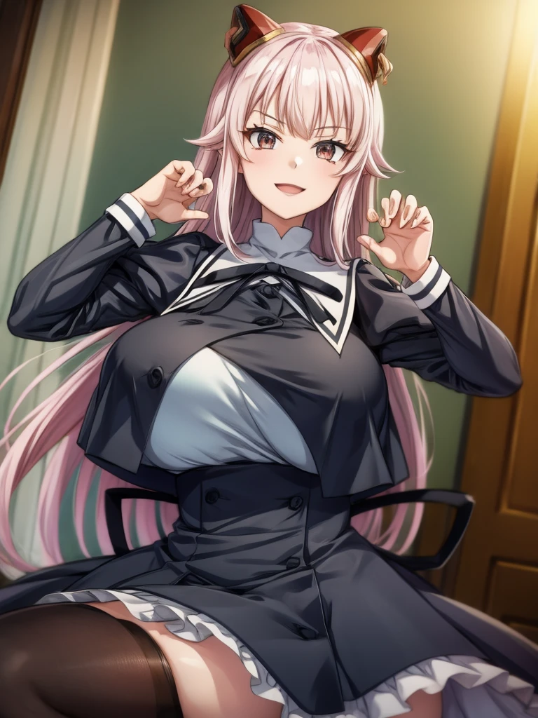 Top quality, masterpiece, beautiful face, fine eyes, fine skin, fine face,
Gao's hand pose,
ArayaEndo, long hair, hairpods, black neck ribbon, yurigaoka girls academy , cropped jacket, juliet sleeves, black skirt, high-waist skirt, black thighhighs, (rnaughty smile), huge breasts, curvaceous, tight waist, (claw pose:1.3)
