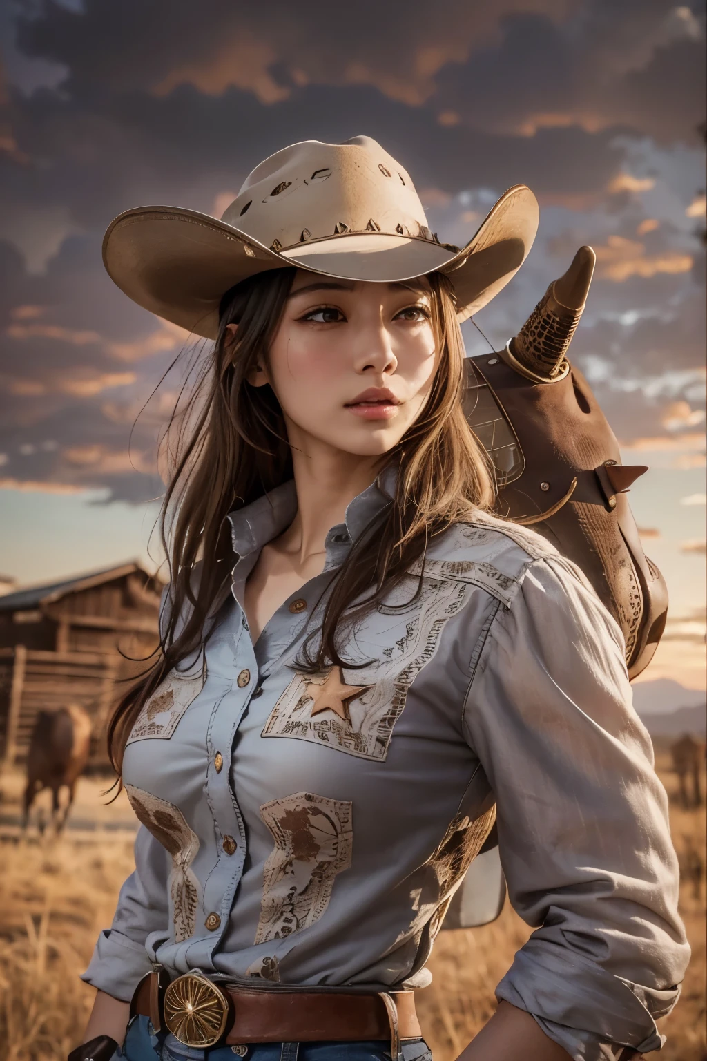 digital portrait, realistic depiction of the human body, RAW photo, one weasten cow girl, Security Officer, gentle gray eyes, plump lips, An ennui look, huge firm bouncing busts, Long brown hair, horse riding, (((Cowboy hat, 着古した茶色の革のSecurity Officerのジャケット, Lace shirt, Jeans short pants, Leather cowboy boots))), highest quality, super resolution, master piece:1.5, medium depth of field, 50ｍｍlens, cinematic lighting, Backlight, professional photographer, , Monument Valley, vast ranch, Sunset, sunset, Herd of cows, Wagon, duel