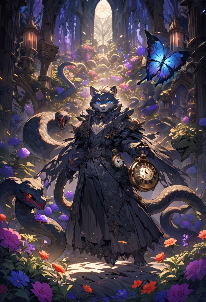 e621(best quality, high resolution, ultra-detailed)silhouett(kemono, furry anthro)holding striking pocket watch, surrounded by flowers, snakes and darkness, illustrative rendering, intricate details, mysterious atmosphere, vibrant colors, dynamic lighting , Gothic style,